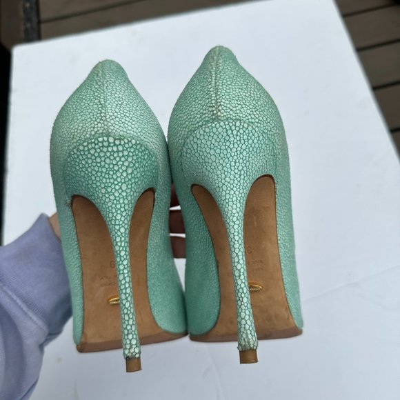 Sergio Rossi Peep Toe Pumps Crackled Leather Upper Sz 39 in Aquamarine Stiletto - Picture 7 of 11